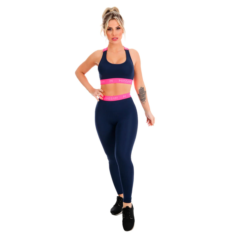 Conjunto Fitness Feminino Massam Rosa Neon – Legging + Top Estilo Marinho para Treinos com Atitude