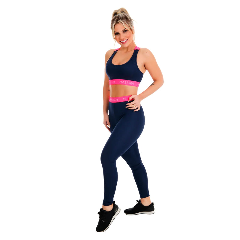 Conjunto Fitness Feminino Massam Rosa Neon – Legging + Top Estilo Marinho para Treinos com Atitude