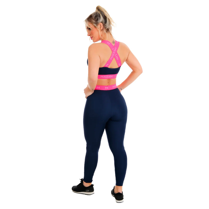 Conjunto Fitness Feminino Massam Rosa Neon – Legging + Top Estilo Marinho para Treinos com Atitude