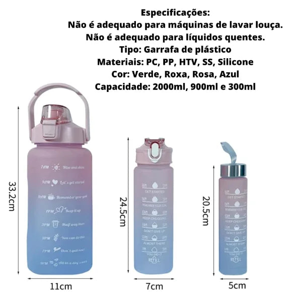 Kit de Garrafas de Água Motivacionais com Adesivos – 300ML, 900ML, 2000ML