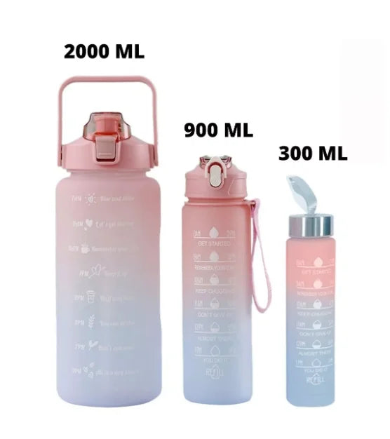 Kit de Garrafas de Água Motivacionais com Adesivos – 300ML, 900ML, 2000ML