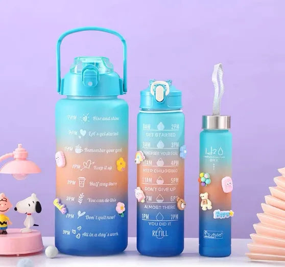 Kit de Garrafas de Água Motivacionais com Adesivos – 300ML, 900ML, 2000ML