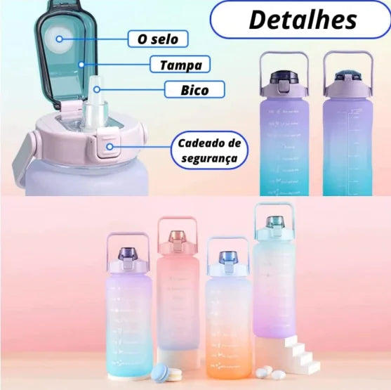 Kit de Garrafas de Água Motivacionais com Adesivos – 300ML, 900ML, 2000ML