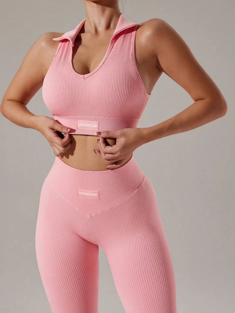 Conjunto Feminino Fitness Seamless 2 Peças – Top com Costas Estilo Nadador e Legging Levanta Bumbum