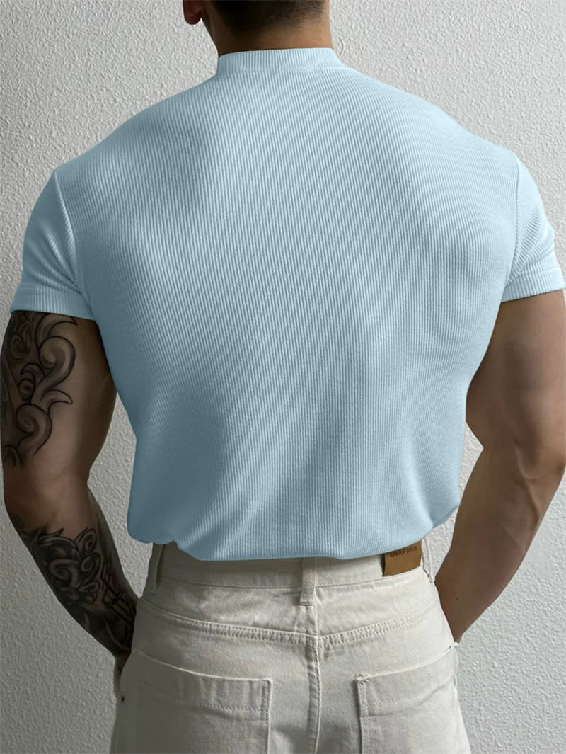 Camiseta Masculina de Algodão com Gola Alta – T-shirt Estilo Esportivo para Primavera e Verão