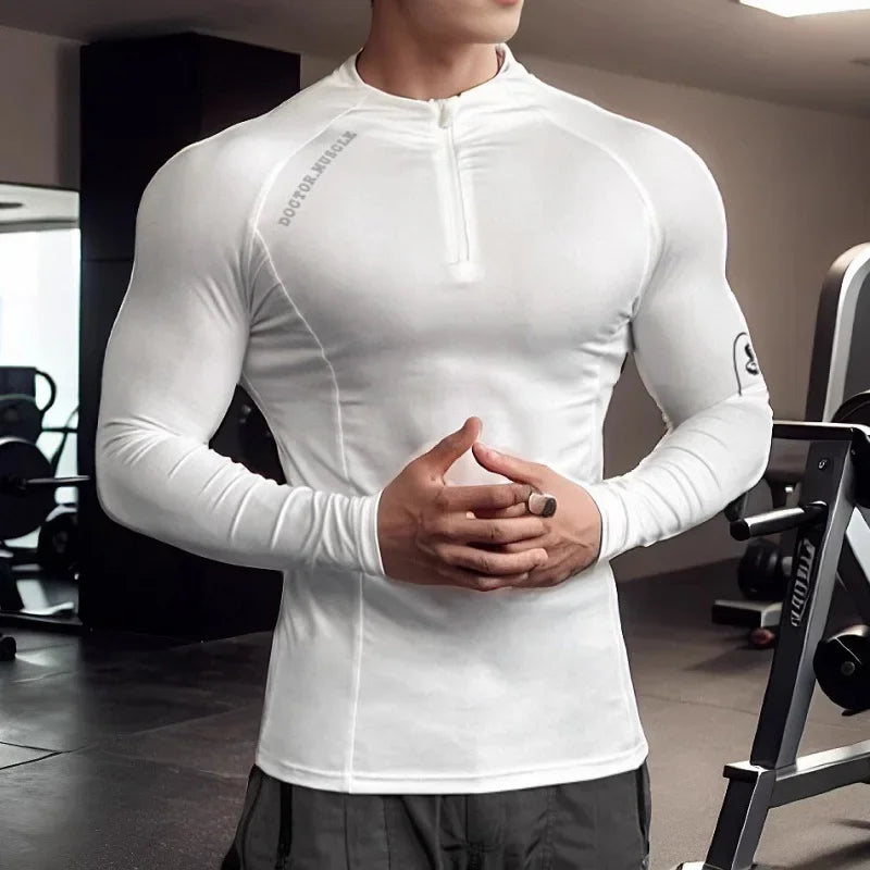 Camiseta Fitness Masculina KAIERKANG com Zíper – Manga Longa e Secagem Rápida