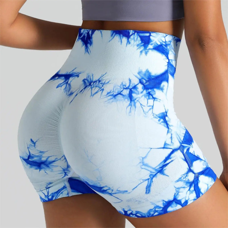 Shorts Tie Dye Feminino, Cintura Alta, Push Up e Controle de Barriga, Ideais para Academia e Yoga.