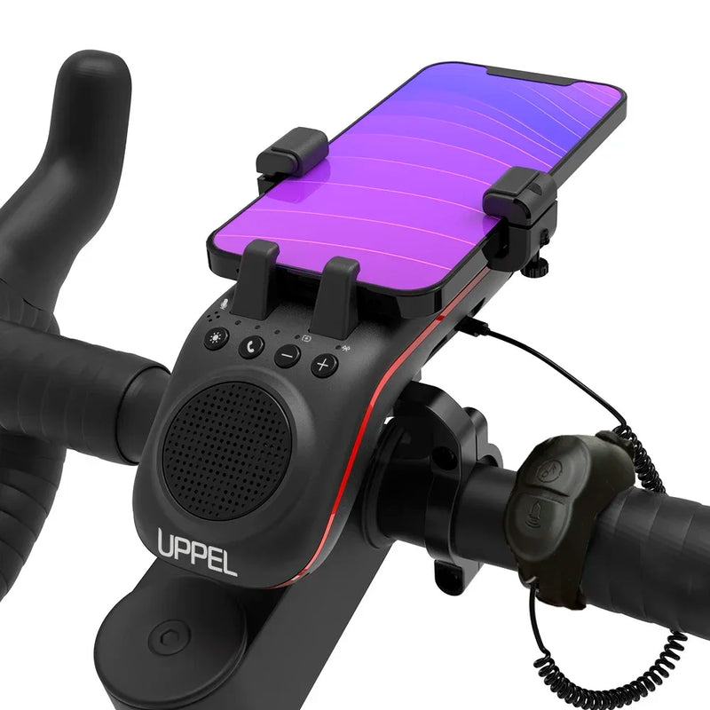 UPPEL 10 em 1: Farol de Bike com Suporte para Celular, Caixa de Som, Campainha e Power Bank – Tudo em um só equipamento