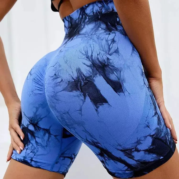 Shorts Tie Dye Feminino, Cintura Alta, Push Up e Controle de Barriga, Ideais para Academia e Yoga.