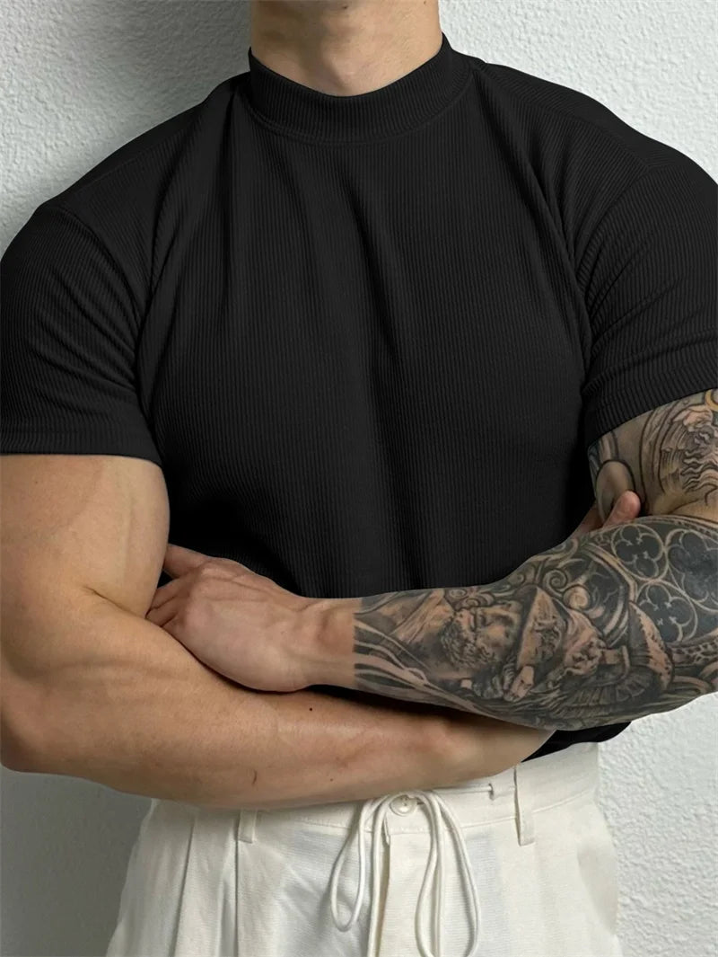 Camiseta Masculina de Algodão com Gola Alta – T-shirt Estilo Esportivo para Primavera e Verão