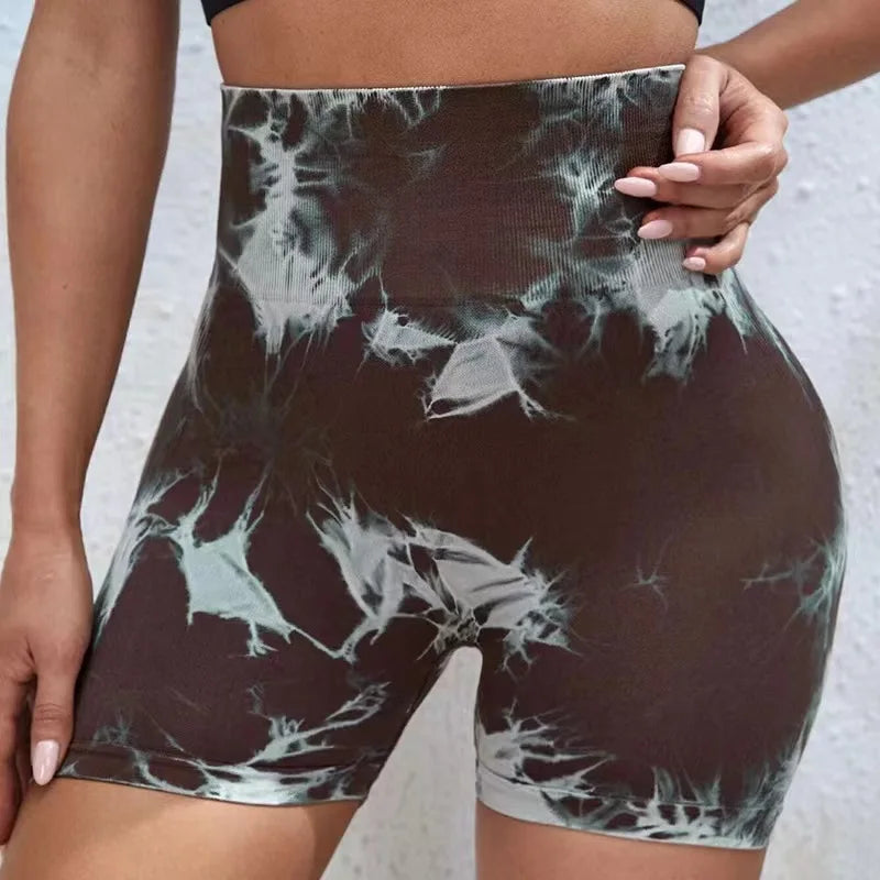 Shorts Tie Dye Feminino, Cintura Alta, Push Up e Controle de Barriga, Ideais para Academia e Yoga.