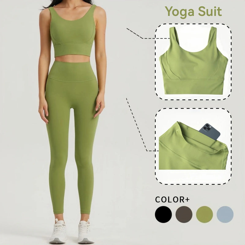 Conjunto de Yoga Seamless Feminino – Top com Sutiã Semi-Fixo e Legging com Bolso, Conforto e Estilo para Seus Treinos