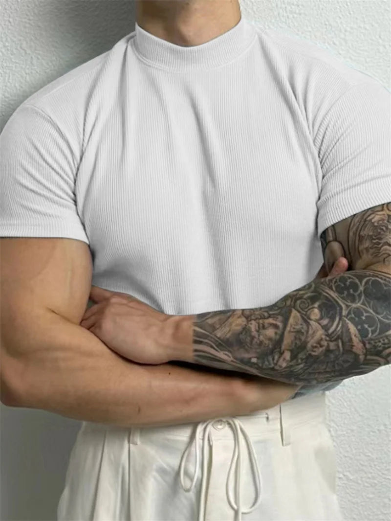 Camiseta Masculina de Algodão com Gola Alta – T-shirt Estilo Esportivo para Primavera e Verão