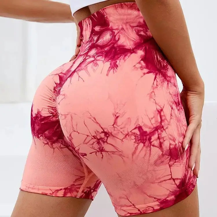 Shorts Tie Dye Feminino, Cintura Alta, Push Up e Controle de Barriga, Ideais para Academia e Yoga.