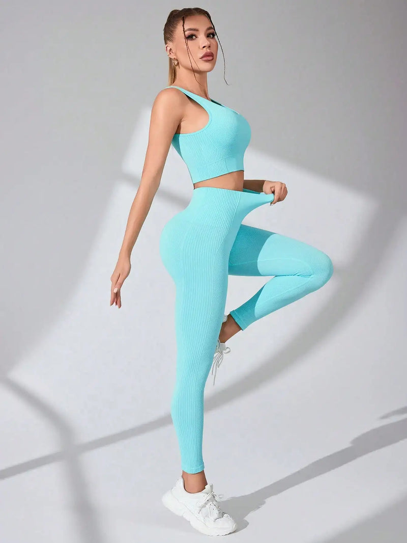Conjunto Feminino de Treino 2 Peças – Legging Seamless e Sutiã Esportivo com Alças Cruzadas