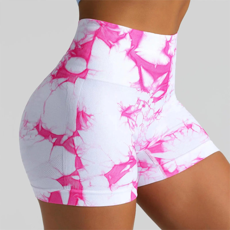 Shorts Tie Dye Feminino, Cintura Alta, Push Up e Controle de Barriga, Ideais para Academia e Yoga.