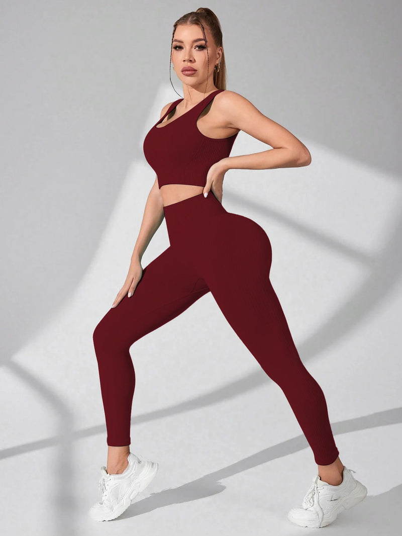 Conjunto Feminino de Treino 2 Peças – Legging Seamless e Sutiã Esportivo com Alças Cruzadas