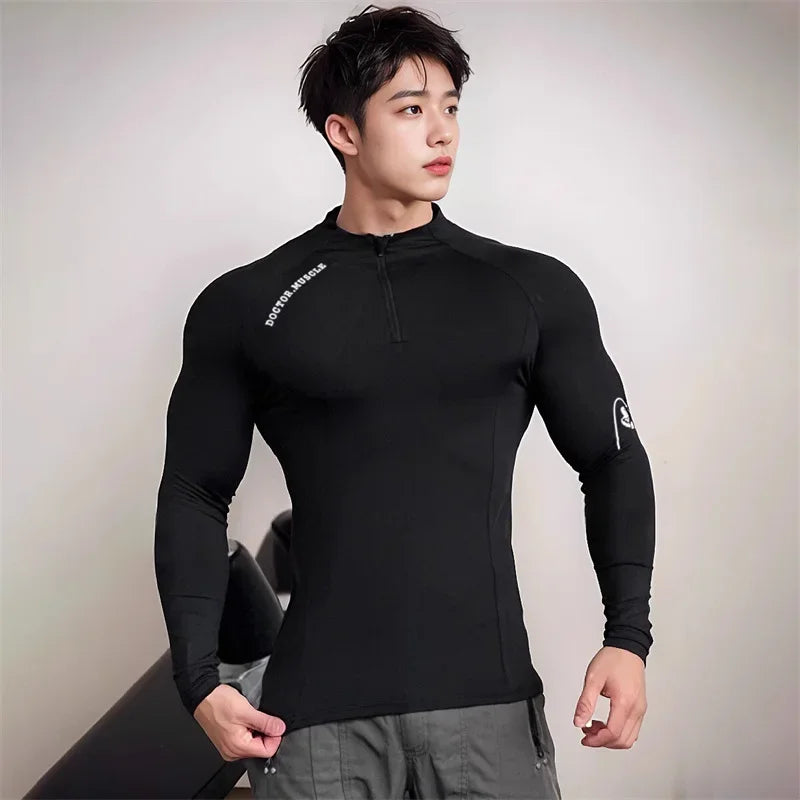 Camiseta Fitness Masculina KAIERKANG com Zíper – Manga Longa e Secagem Rápida