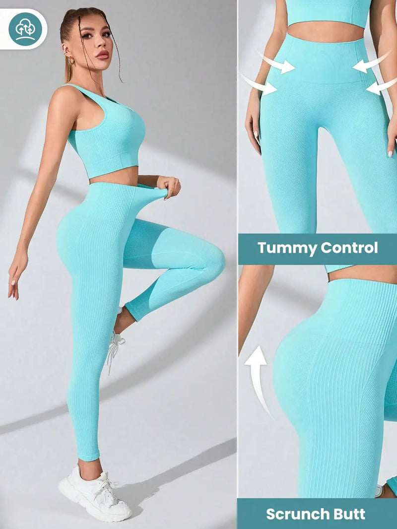 Conjunto Feminino de Treino 2 Peças – Legging Seamless e Sutiã Esportivo com Alças Cruzadas