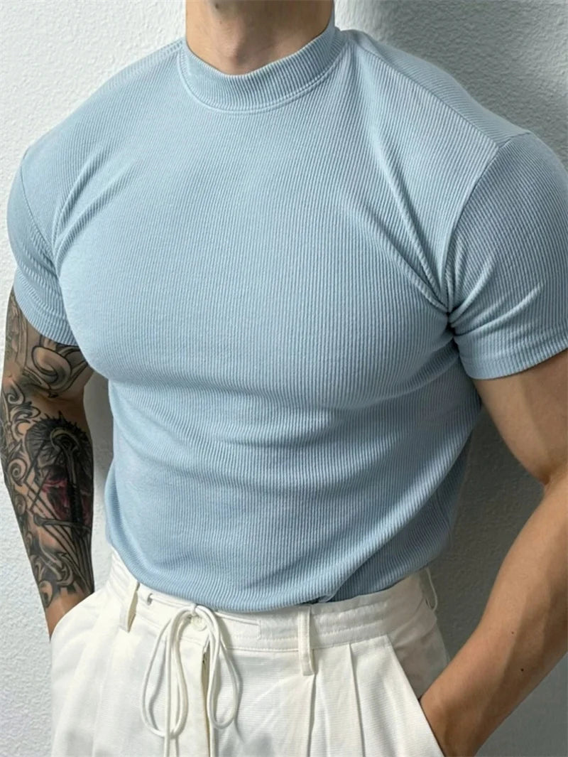 Camiseta Masculina de Algodão com Gola Alta – T-shirt Estilo Esportivo para Primavera e Verão