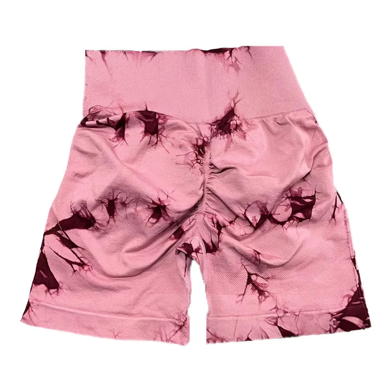 Shorts Tie Dye Feminino, Cintura Alta, Push Up e Controle de Barriga, Ideais para Academia e Yoga.