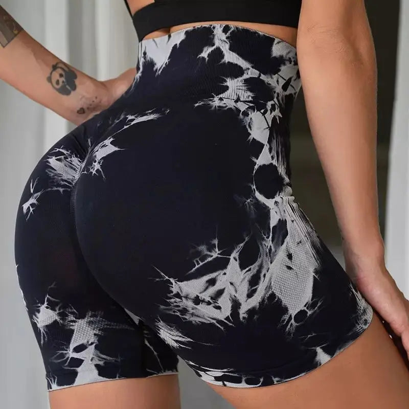 Shorts Tie Dye Feminino, Cintura Alta, Push Up e Controle de Barriga, Ideais para Academia e Yoga.