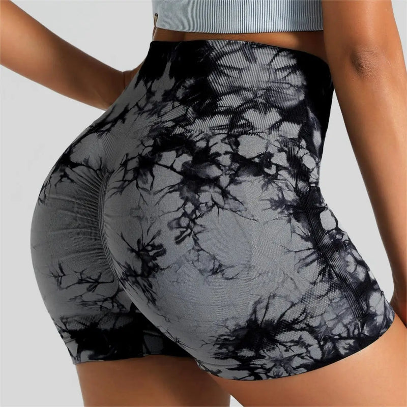 Shorts Tie Dye Feminino, Cintura Alta, Push Up e Controle de Barriga, Ideais para Academia e Yoga.