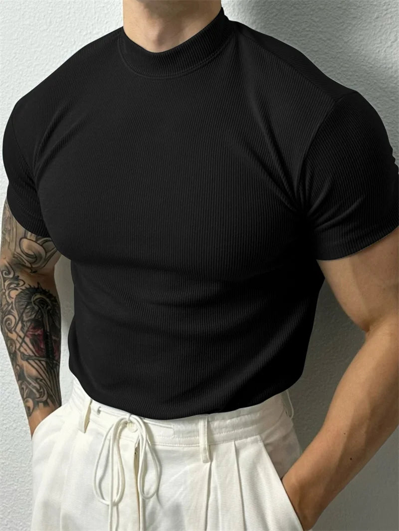 Camiseta Masculina de Algodão com Gola Alta – T-shirt Estilo Esportivo para Primavera e Verão