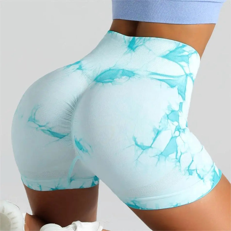 Shorts Tie Dye Feminino, Cintura Alta, Push Up e Controle de Barriga, Ideais para Academia e Yoga.