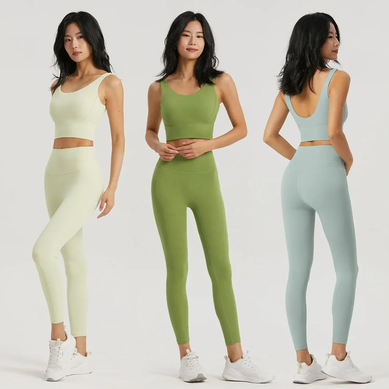 Conjunto de Yoga Seamless Feminino – Top com Sutiã Semi-Fixo e Legging com Bolso, Conforto e Estilo para Seus Treinos