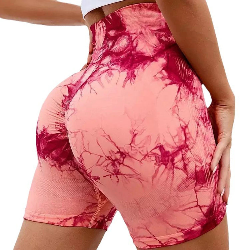 Shorts Tie Dye Feminino, Cintura Alta, Push Up e Controle de Barriga, Ideais para Academia e Yoga.