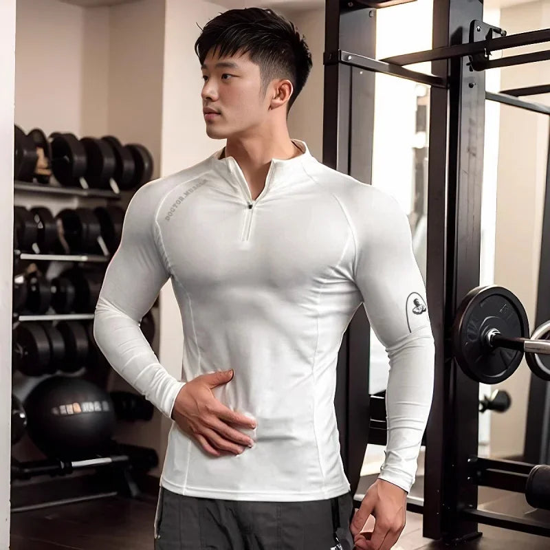 Camiseta Fitness Masculina KAIERKANG com Zíper – Manga Longa e Secagem Rápida