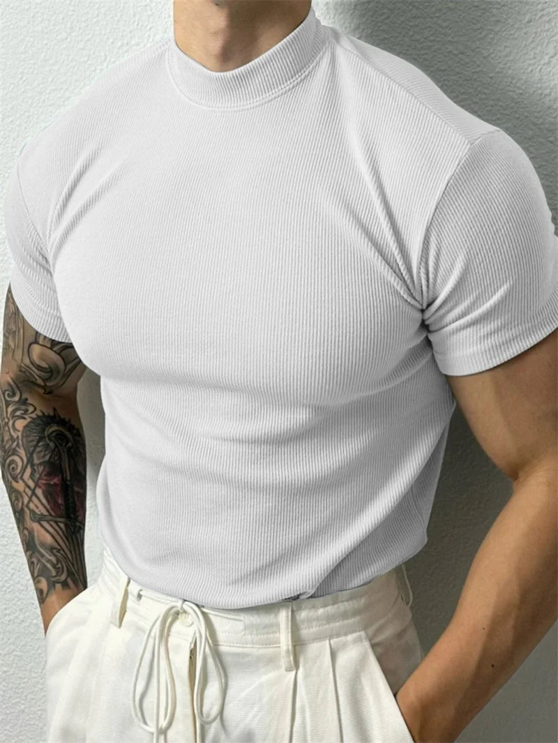 Camiseta Masculina de Algodão com Gola Alta – T-shirt Estilo Esportivo para Primavera e Verão