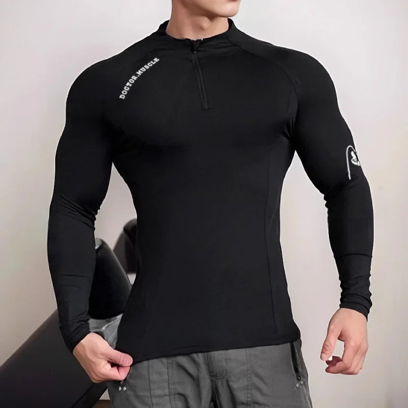 Camiseta Fitness Masculina KAIERKANG com Zíper – Manga Longa e Secagem Rápida
