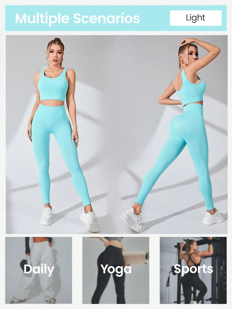 Conjunto Feminino de Treino 2 Peças – Legging Seamless e Sutiã Esportivo com Alças Cruzadas