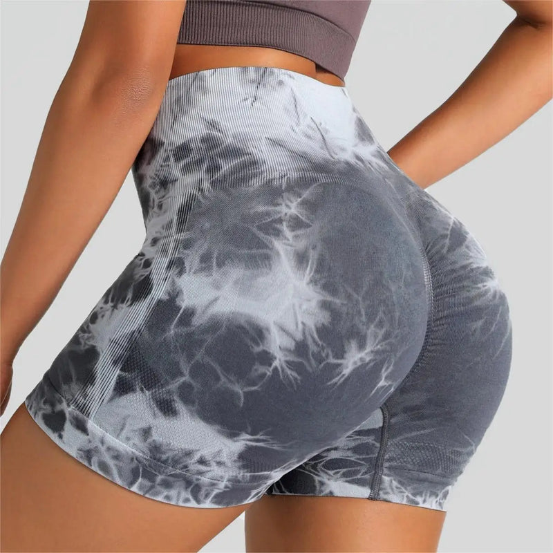 Shorts Tie Dye Feminino, Cintura Alta, Push Up e Controle de Barriga, Ideais para Academia e Yoga.