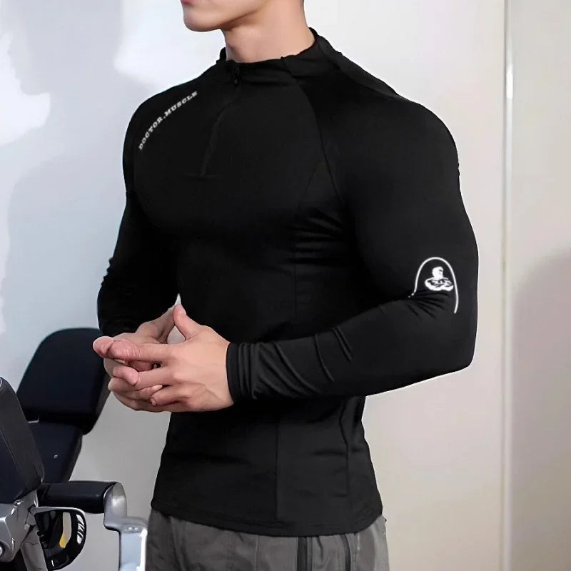 Camiseta Fitness Masculina KAIERKANG com Zíper – Manga Longa e Secagem Rápida