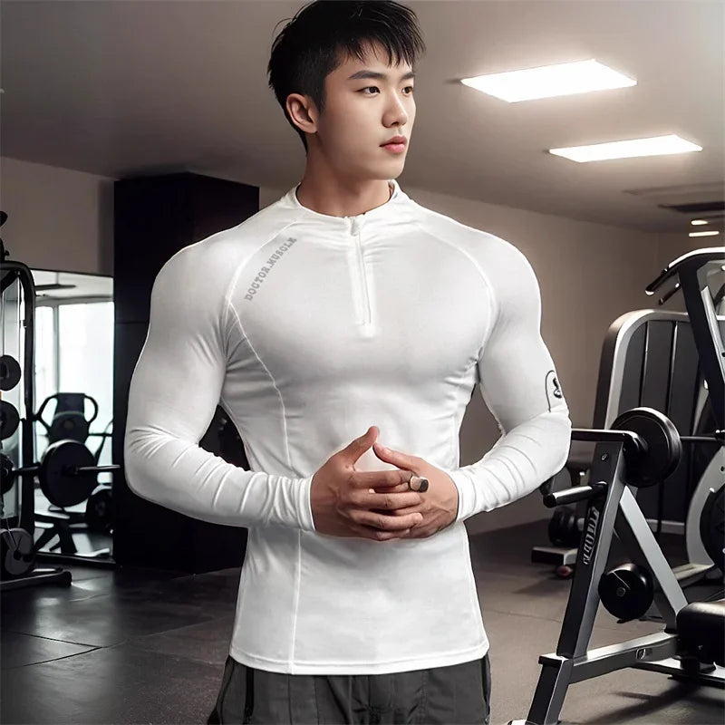 Camiseta Fitness Masculina KAIERKANG com Zíper – Manga Longa e Secagem Rápida